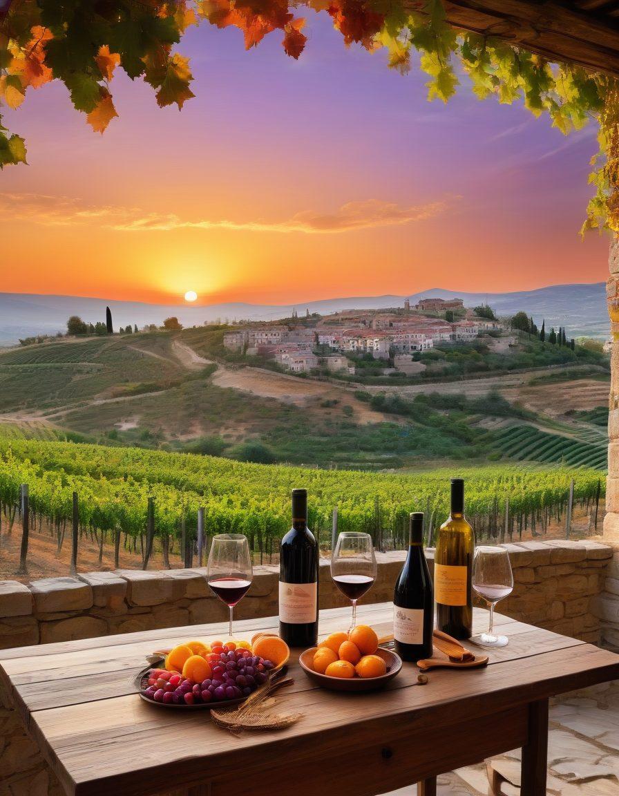 A picturesque vineyard in Turkey, showcasing rolling hills adorned with grapevines and traditional stone houses in the background. A vibrant sunset paints the sky with shades of orange and purple, while a diverse array of wine bottles and glasses scatter on a rustic wooden table, inviting the viewer to explore Turkey's unique wine culture. The scene captures the essence of a culinary adventure, with local delicacies artfully arranged beside the wine. super-realistic. vibrant colors. sunset backdrop.