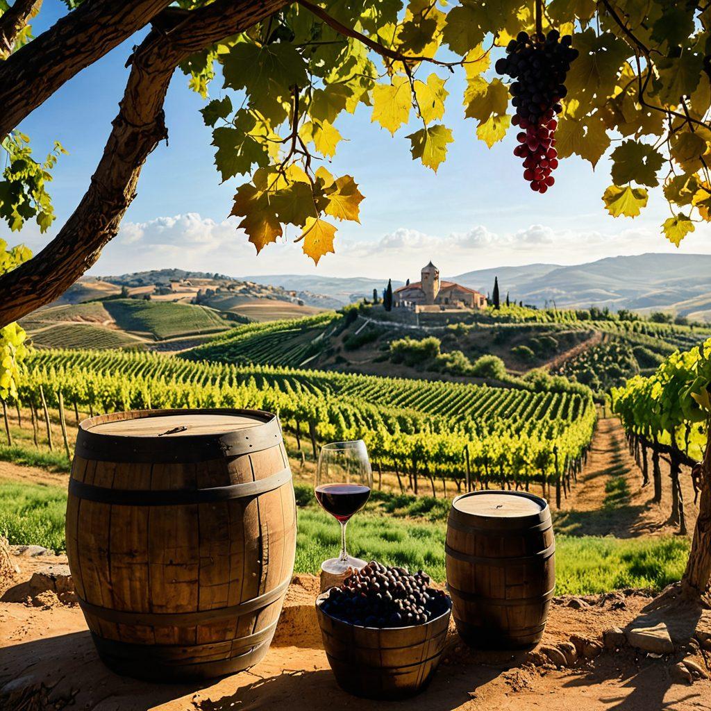 A picturesque vineyard in Turkey with rolling hills, lush grapevines bathed in golden sunlight. An ancient stone winery in the background, rustic barrels stacked outside, and a glass of deep red wine in the foreground reflecting the rich colors of the grapes. A soft golden light illuminating the scene, emphasizing the beauty of nature and winemaking. soft focus, vibrant colors, romantic ambiance.