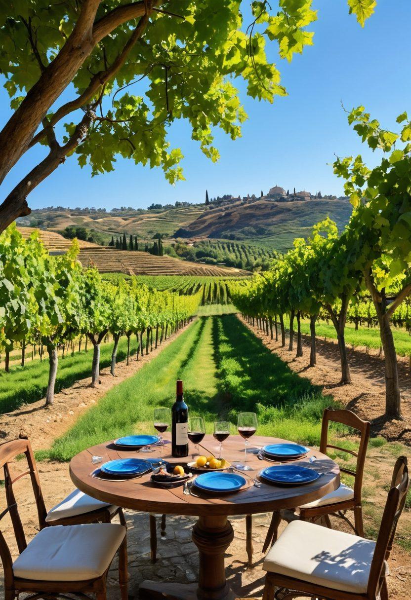 A picturesque vineyard landscape in Turkey, with rolling hills adorned by lush grapevines under a bright blue sky. A small group of tourists enjoying a wine tasting at an outdoor table, with a backdrop of traditional Turkish architecture. Include a bottle of Turkish wine and elegantly designed glasses on the table. The scene captures the essence of adventure and culture, inviting viewers to explore. vibrant colors. super-realistic.
